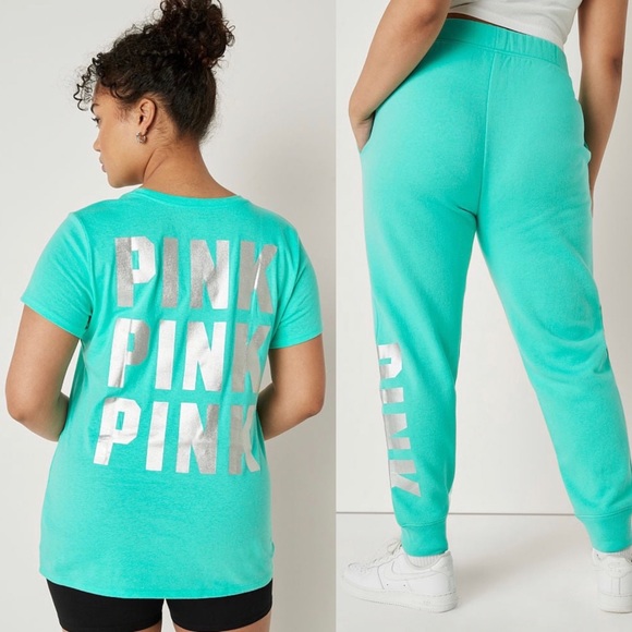 VS Pink 2-Piece SET Teal Ice Foil Relaxed Joggers & Teal Ice Foil Perfect Tee - Picture 2 of 15
